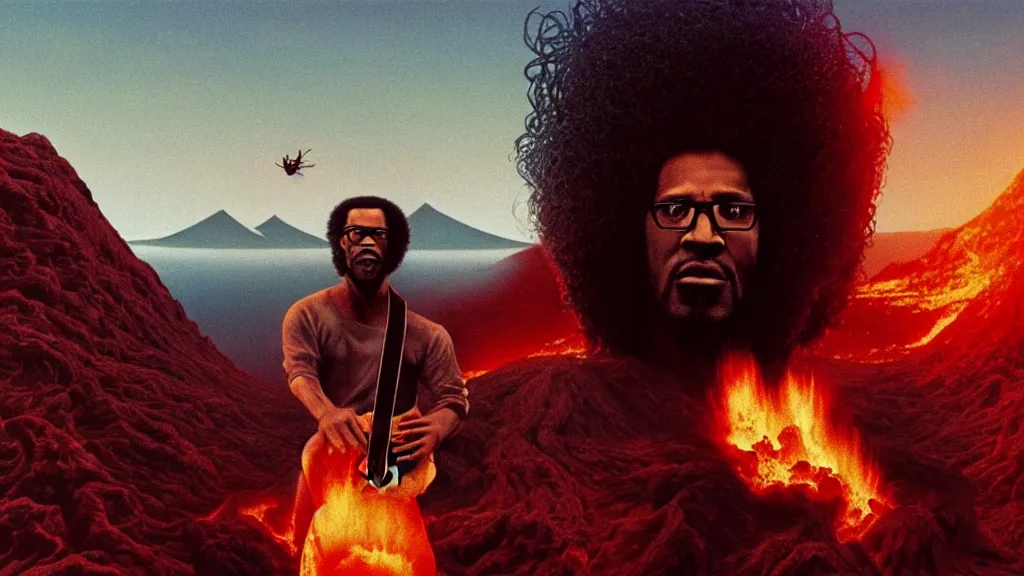 Prompt: a black man with long curly hair wearing glasses with a guitar coming out of him, extreme detailed face, volcano far on the background, film still from the movie directed by Denis Villeneuve with art direction by Zdzisław Beksiński, wide lens