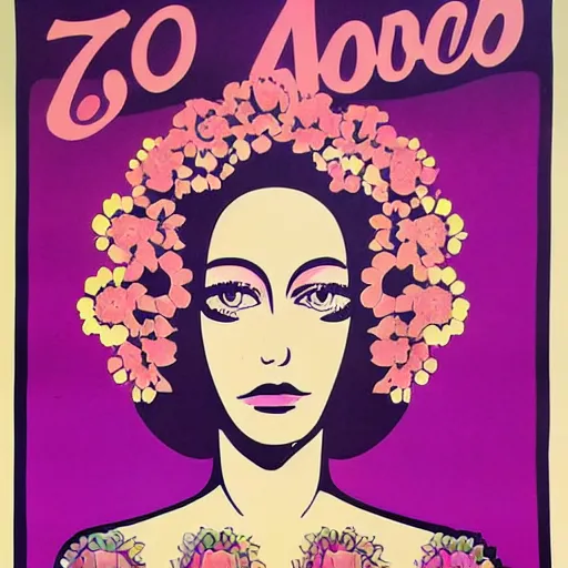 Image similar to 70s graphic design poster with a woman’s face, flower child, groovy, retro, hippie, pink tones