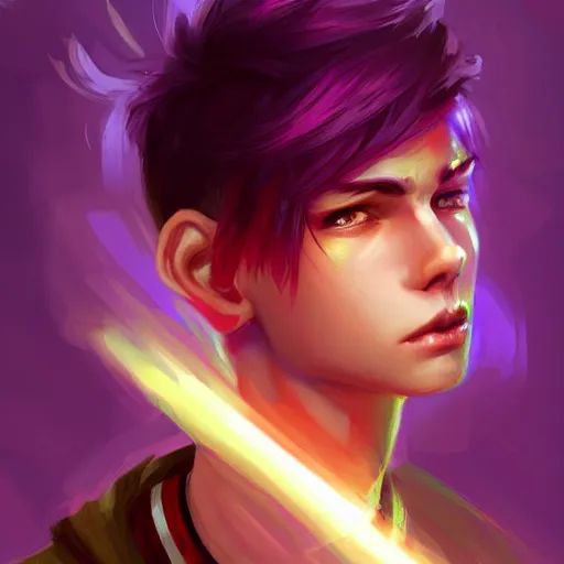 Image similar to colorful and festive captivating teenager boy with straight purple hair, purple eyes with red eye markers, slim body, wearing combat clothes. rich vivid colors, ambient lighting, dynamic lighting, 4 k, atmospheric lighting, painted, intricate, highly detailed by charlie bowater