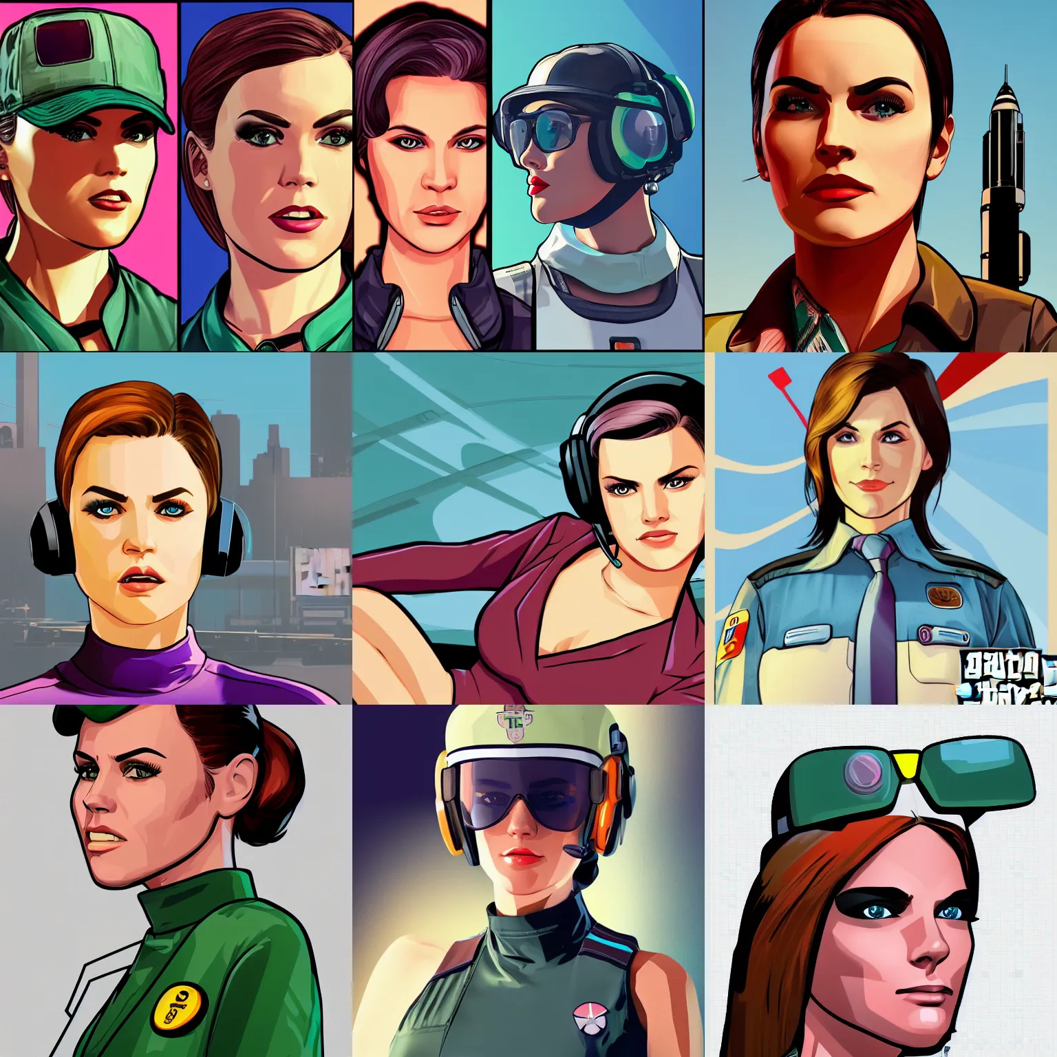 Prompt: boxart, gta 5, cell shaded, flat color, beautiful retro sci - fi female pilot beautiful face