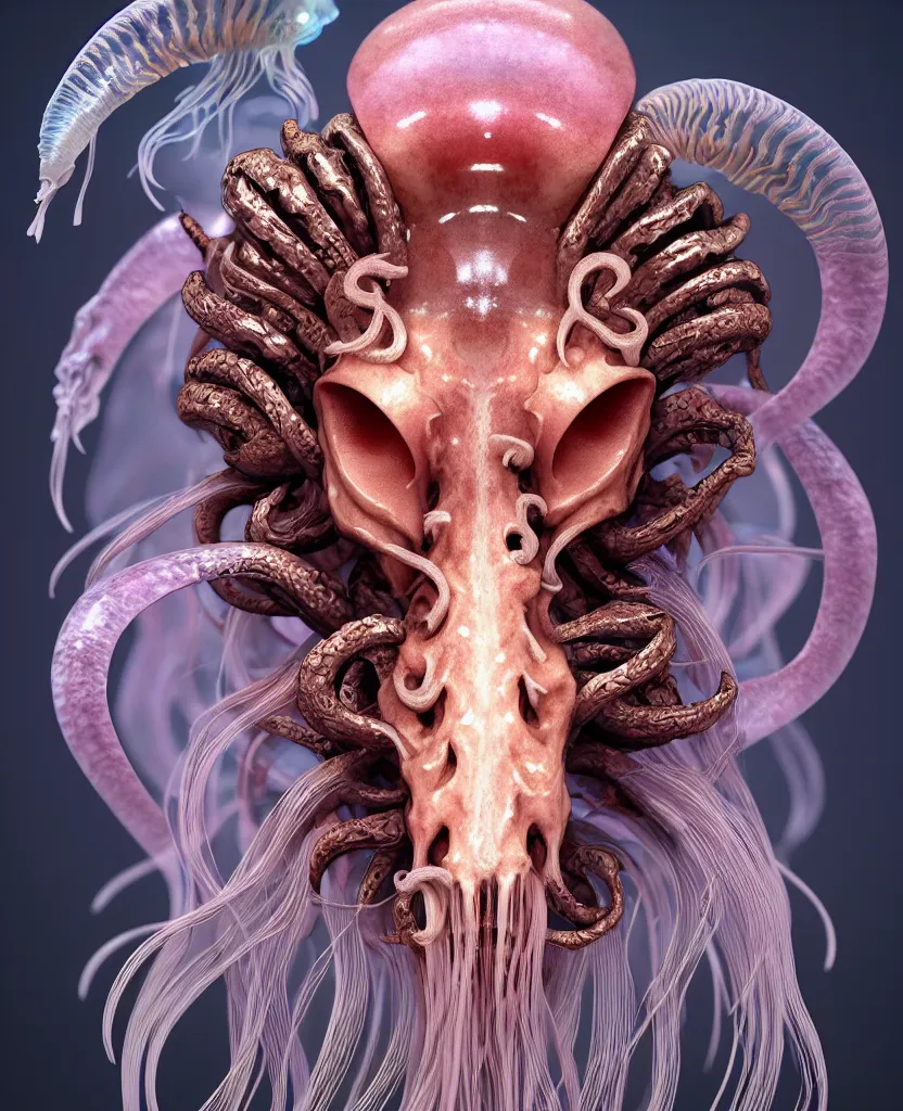 Image similar to goddess close-up portrait ram skull. jellyfish phoenix head, nautilus, orchid, ram skull, betta fish, bioluminiscent creatures, intricate artwork by Tooth Wu and wlop and beeple. octane render, trending on artstation, greg rutkowski very coherent symmetrical artwork. cinematic, hyper realism, high detail, octane render, 8k