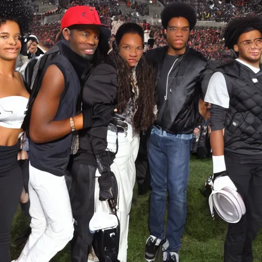 Image similar to Live Action Still of the cast of The Boondocks attending a college homecoming game, real life, hyperrealistic, ultra realistic, realistic, highly detailed, epic, HD quality, 8k resolution, body and headshot, film still