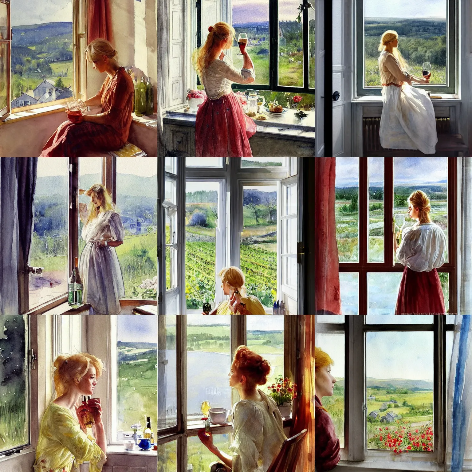 Prompt: hot blonde woman drinking wine while looking out through the window, swedish countryside, seaview, modern clothes, morning, calm, watercolor painting by vladimir volegov, carl larsson, anders zorn