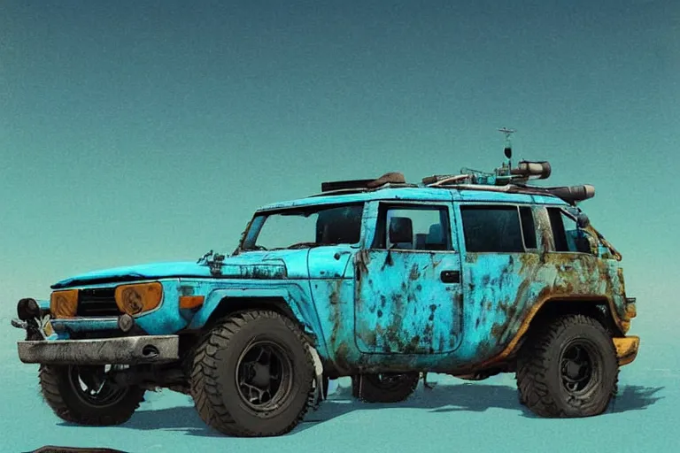 Image similar to digital illustration of a futuristic faded cyan mad max's fj 4 0 decrepit!!!! pursuit special, rusty!!! cyberpunk nissan fj cruiser heavily modded 1 9 9 0 s, the last v 8 interceptor by makoto shinkai, ilya kuvshinov, lois van baarle, rossdraws, basquiat