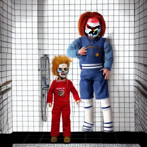 Image similar to chucky the killer doll standing in the bathroom