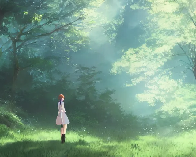 Prompt: a girl with two wings on her back in a forest. By Makoto Shinkai, trending on ArtStation, digital art.