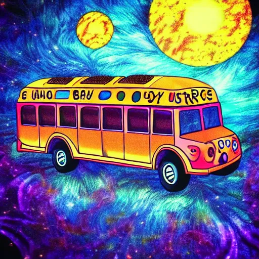 Prompt: magic school bus, trippy, instagram, beautiful, wavy bus