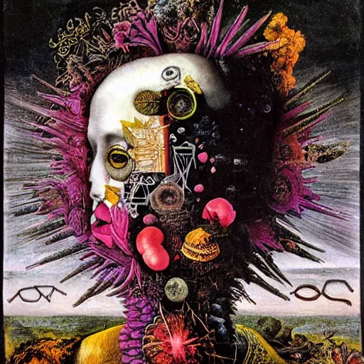 Image similar to post - punk new age album cover, asymmetrical design, frame of a dollar bank notes, capitalism, magic, apocalypse, psychedelic, black white pink, magic, giger h. r., giuseppe arcimboldo