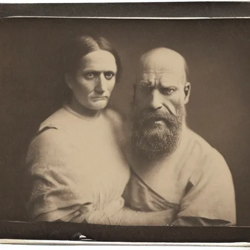 Image similar to the simpsons, tintype photo of homer and marge by julia margaret cameron 1 8 8 0 s, realistic, body shot, sharp focus, 8 k high definition, insanely detailed, intricate, elegant