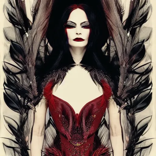 Image similar to dark swan queen, black hair, black feathers instead of hair, gothic, red lips, feathers growing out of skin, black fingers with black claws, bird feet, black bodysuit, disney villain, dark fae, moulting, suspended in zero gravity, on spaceship with cables hanging down, highly detailed, mucha