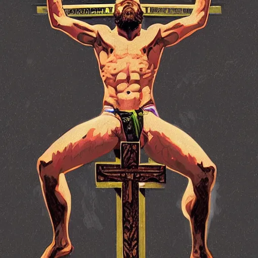 Prompt: hulking conor mcgregor crucified on the cross, masterpiece, intricate, elegant, highly detailed, digital painting, artstation, concept art, smooth, sharp focus, illustration, art by artgerm and greg rutkowski and alphonse mucha and uang guangjian and gil elvgren and sachin teng, symmetry!!