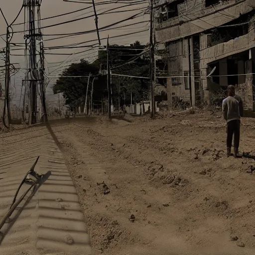 Image similar to a man looking at the sky, texture, brown mud, dust, tangled overhead wires, telephone pole, dusty, dry, pencil marks, genius party,shinjuku, koji morimoto, katsuya terada, masamune shirow, tatsuyuki tanaka  hd, 4k, remaster, dynamic camera angle, deep 3 point perspective, fish eye, dynamic scene