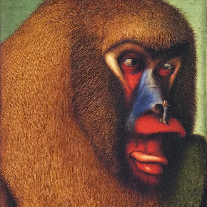 Image similar to close up portrait of a mutant monster creature with colourful mandrill - like nose, baldness, needles portruding through the cheeks, painted forehead, medusae beard. jan van eyck