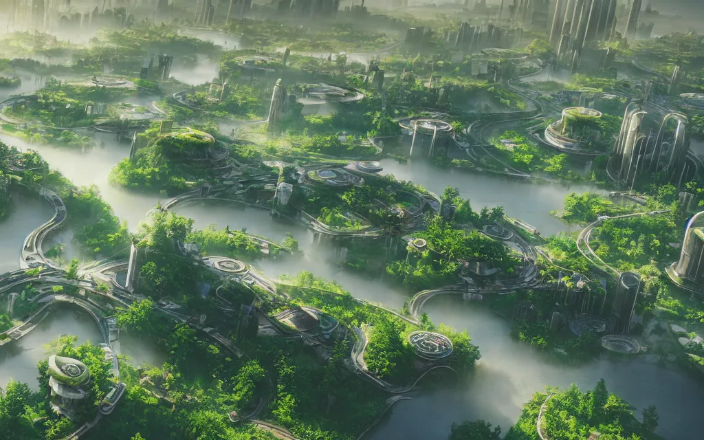 Prompt: a breathtaking view of a solarpunk city, green meadows and rivers, futuristic architecture, hyperrealism, octopath traveler, octane render, misty, highly rendered, global illumination, radiant light