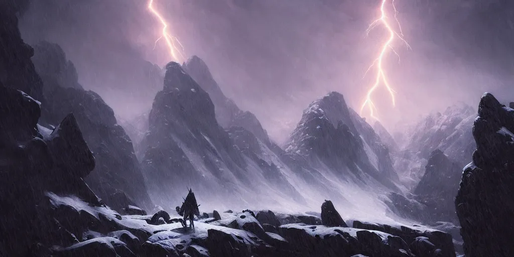 Image similar to snowy mountain trail, craggy peaks at night, lightning sky lit up, style of greg rutkowski, ominous sky, wizard battling a giant, 8 k resolution, intensely detailed oil painting, highly detailed illustration, photorealistic illustration,