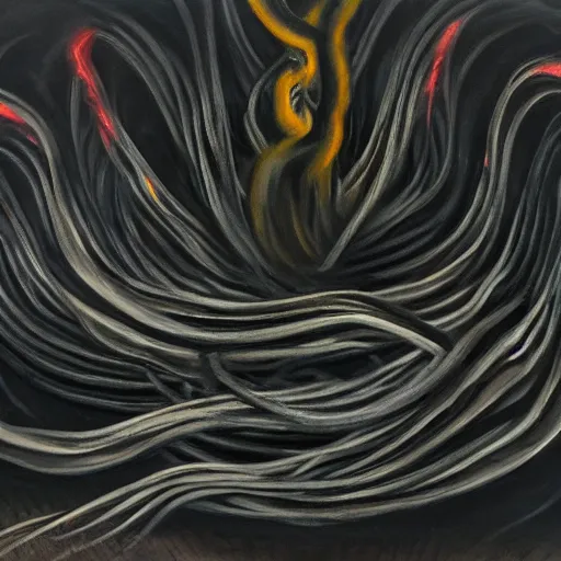 Prompt: a mass of black smoke with tendril arms in a burning abyss, oil painting