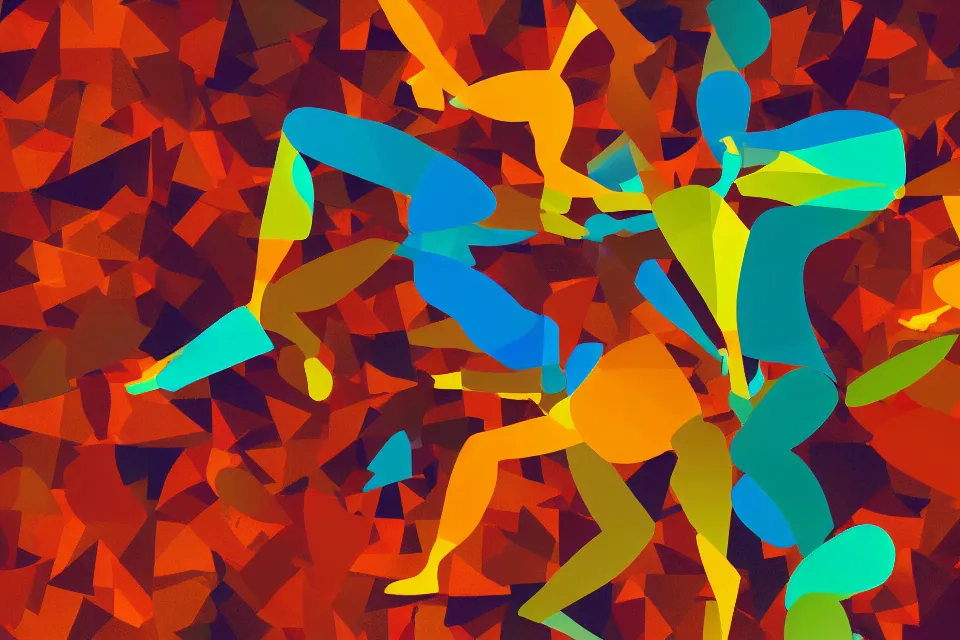 Image similar to a colorful, computer generated, abstract geometric intriguing render, abstract human figures dancing, autumnal colors