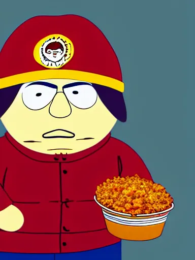 Image similar to highly detailed portrait of scarface as cartman from south park, holding a bucket of kfc, a line of gravy on the desk in front of him, global illumination, flat light, detailed and intricate environment