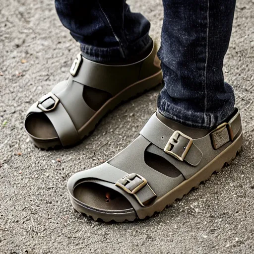 Prompt: product photo of tactical birkenstocks.