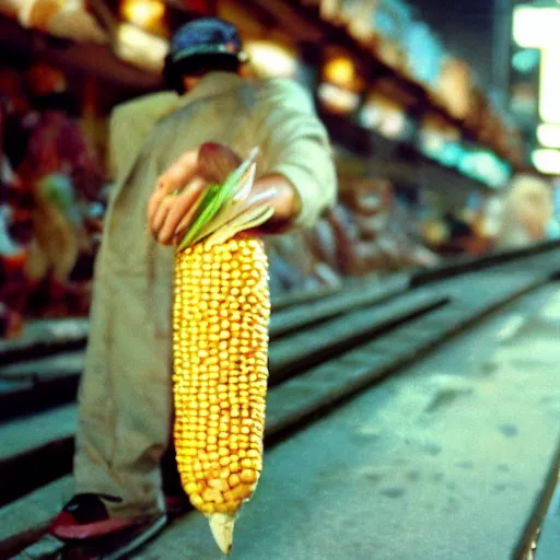 Prompt: neotokyo corn fashion corn gang, corn on the cob, cinestill eastmancolor