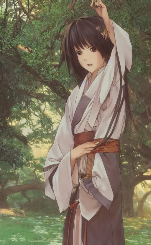 Image similar to anime style, female merchant, yukata clothing, sakura tree in background, brown short hair, hair down, symmetrical facial features, from arknights, hyper realistic, rule of thirds, extreme detail, 4 k drawing, safebooru, realistic lighting, by alphonse mucha, greg rutkowski, sharp focus, backlit