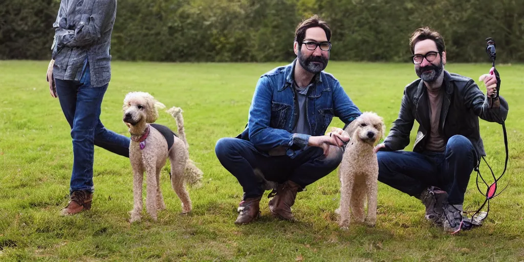 Prompt: adam buxton and his dog rosie recording a podcast, fields, walking, half whippet and half poodle, photorealistic