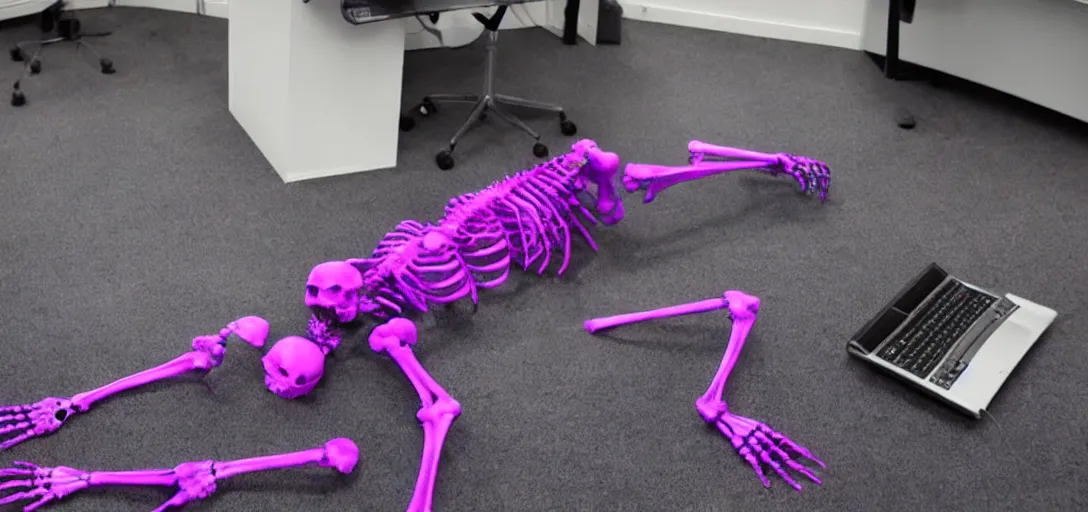 Prompt: the skeleton lies on the ground in front of the computer, magenta and blue