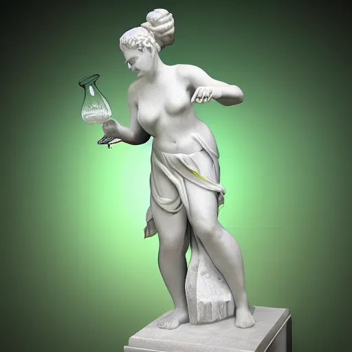 Image similar to a white reneissance statue holding a coctail, medium shot, colorful coctail, digital painting, cgi render