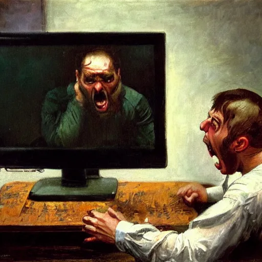 Image similar to an angry man yells at his computer monitor, oil on canvas, 1 8 8 3, highly detailed