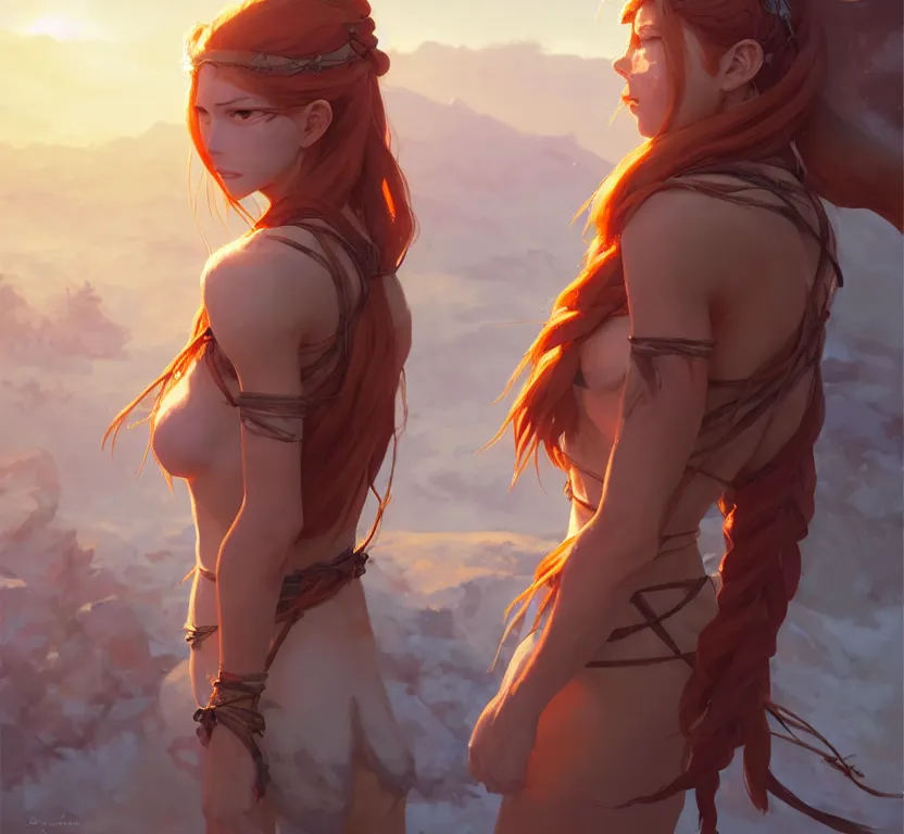 Image similar to long ginger hair, tanned woman in a prehistoric outfit, by artgerm, hair tied back, soft lighting, morning winter, by greg rutkowski makoto shinkai takashi takeuchi