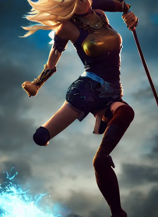 Image similar to An epic fantasy comic book style portrait painting of an athletic female thief with blonde hair dancing, unreal 5, DAZ, hyperrealistic, octane render, cosplay, RPG portrait, dynamic lighting, high detail