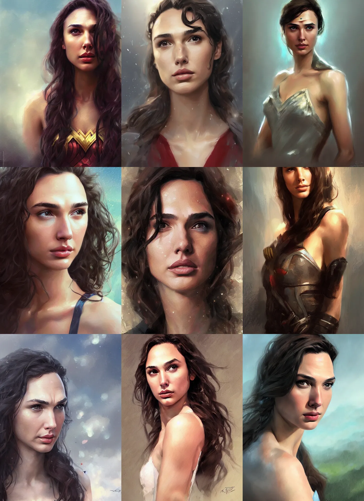 Prompt: head and shoulders masterpiece portrait of gal gadot, surreal background, digital art by krenz cushart, trending on artstation, cgsociety