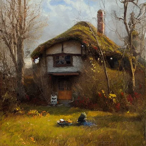 Image similar to Richard Schmid and Jeremy Lipking full length portrait painting of a cozy hobbit house in the shire