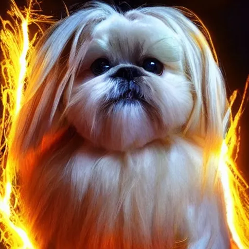 Prompt: Super Saiyan Shih Tzu, Gold Hair, Glowing, Lightning Arcs, Crackling, Blue, Blonde, Glowing, Dog