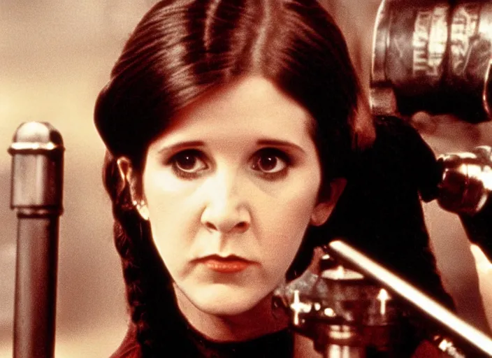 Image similar to promotional image of a young carrie fisher in a heavy metal band in a movie from 1978, rugged black clothes, detailed face, movie still frame, promotional image, imax 70 mm footage
