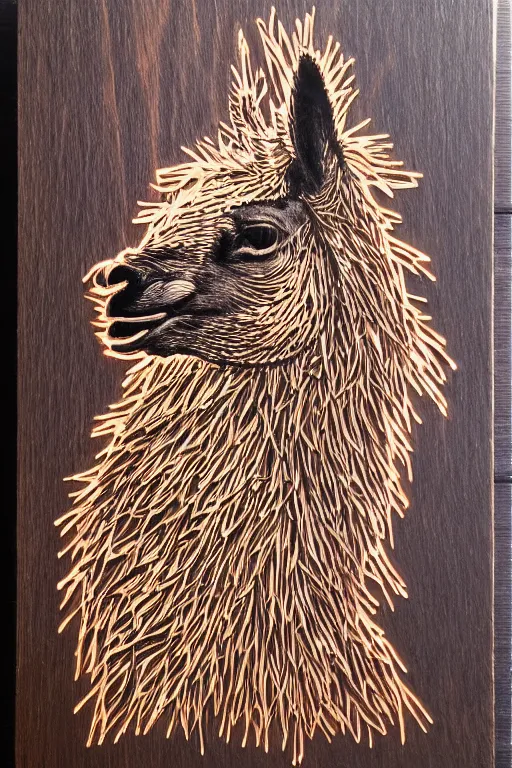 Prompt: fract wood burning lichtenberg figure llama portrait