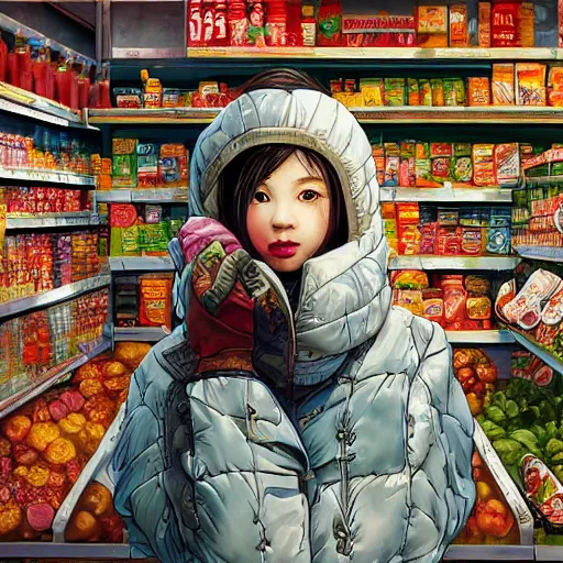 Image similar to the portrait a grocery young asia woman in down jacket, the background is a grocery store, winter, rural northeast an ultrafine hyperdetailed illustration by kim jung gi, irakli nadar, intricate linework, bright colors, octopath traveler, final fantasy, unreal engine 5 highly rendered, global illumination, radiant light, detailed and intricate environment