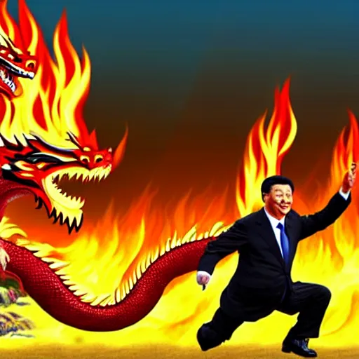 Image similar to Chinese president in epic stance fighting with dragon on flaming mountain, bananas weapon, painting, epic