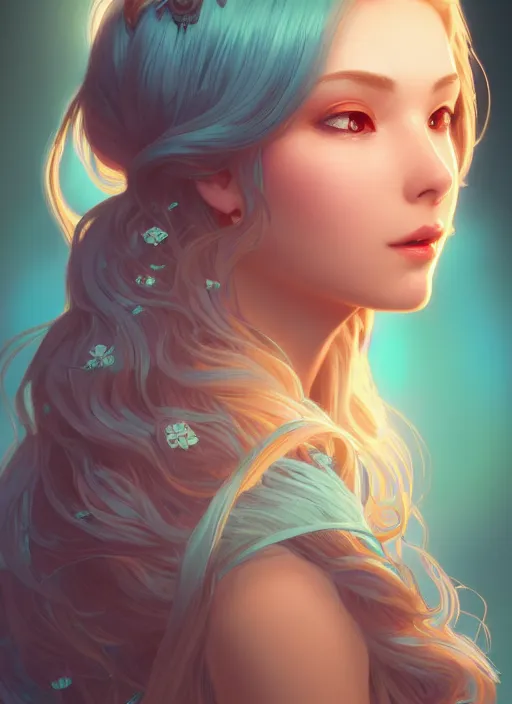 Prompt: beautiful girl with long turqoise hair, cute, intricate, highly detailed, digital painting, trending on artstation, concept art, smooth, sharp focus, backlit, rim light, illustration, unreal engine 5, 8 k, art by rossdraws and alphonse mucha