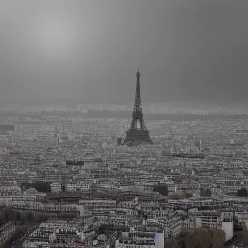 Image similar to paris city during apocalypse, volumetric light, scenic view, profound dark scary