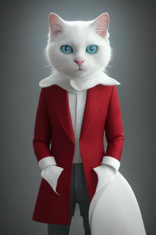 Image similar to a white cat with blue eyes wearing a red formal overcoat, hyperrealistic, concept art, octane render, unreal engine 5, realistic and defined face, profile picture, digital art, pixar and disney style, symmetrical, high quality, highly detailed, high coherence, path traced, house background, low contrast, beautiful, elegant clothes