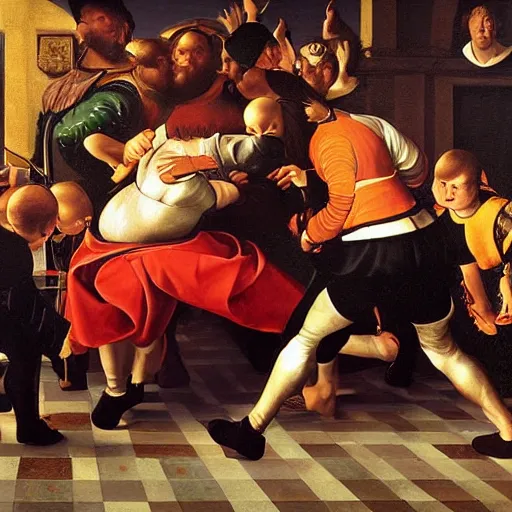 Image similar to family fighting at burger king, renaissance, high quality high detailed painting by caravaggio, hd, photorealistic lighting