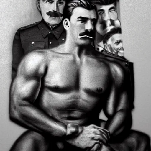 Prompt: lgbt art, tom of finland style, stalin, love with lenin, in billy herrington body, in gym, art in 4 k, high quality