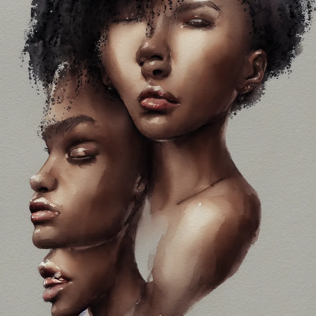 Image similar to beautiful watercolor painting of young black women, intricate, elegant, highly detailed, digital painting, artstation, concept art, smooth, sharp focus,, dynamic lighting, ultrarealistic, cinematic, octane render, 8 k