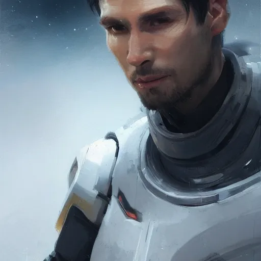 Image similar to portrait of a man by greg rutkowski, he is about 3 0 years old, short black hair with bangs, scared and incredulous, very tall and slender, he is wearing futuristic space gear, highly detailed portrait, digital painting, artstation, concept art, smooth, sharp foccus ilustration, artstation hq