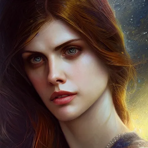 Prompt: Portrait of Alexandra Daddario, fantasy, high detail, elegant, digital painting, natural light, vibrant, intricate, textured skin, highly detailed, artstation, sharp, focus, illustration, by Anna Dittmann, Ilya Kuvshinov, Nikolay Makovsky