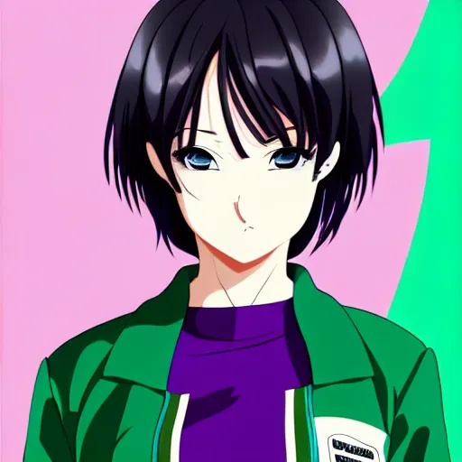 Prompt: anime poster film still portrait, young black woman, black black black woman, purple colored eyes!!!!, white!!! french bob hairstyle, green colored bomber jacket, detailed facial features, dynamic pose,, rimlight, cel shaded, 4 k
