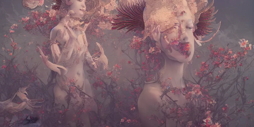 Image similar to breathtaking detailed concept art painting art deco pattern of birds goddesses amalmation flowers, by hsiao - ron cheng, bizarre compositions, exquisite detail, extremely moody lighting, 8 k