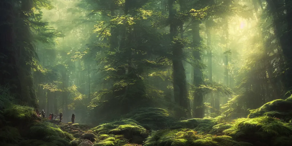 Prompt: a forest, highly detailed oil painting, Studio Ghibli, Jessica Rossier, digital art, octane render, gorgeous lighting, beautiful composition, trending on artstation, masterpiece