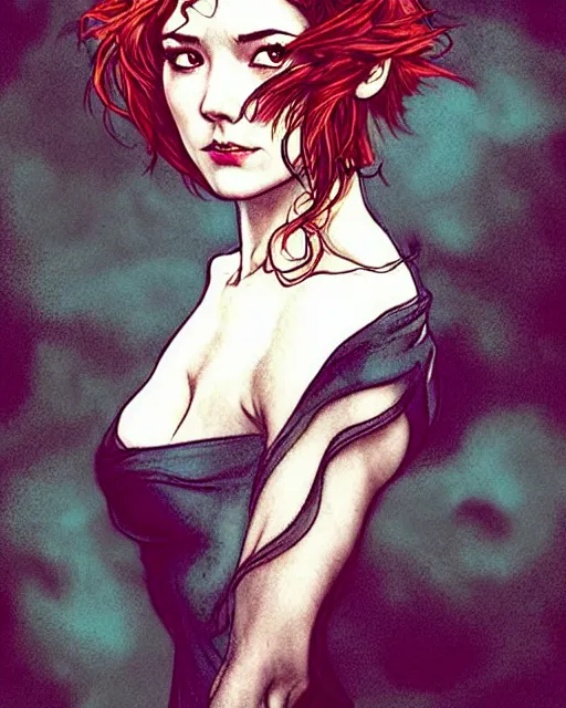 Image similar to style of arthur rackham, artgerm, rafael albuquerque, steve niles : : gorgeous mary elizabeth winstead : : evil sorceress, swirling black magic, black dress : : symmetrical face, symmetrical eyes : : full body pose : : gorgeous red hair : : cinematic lighting : :